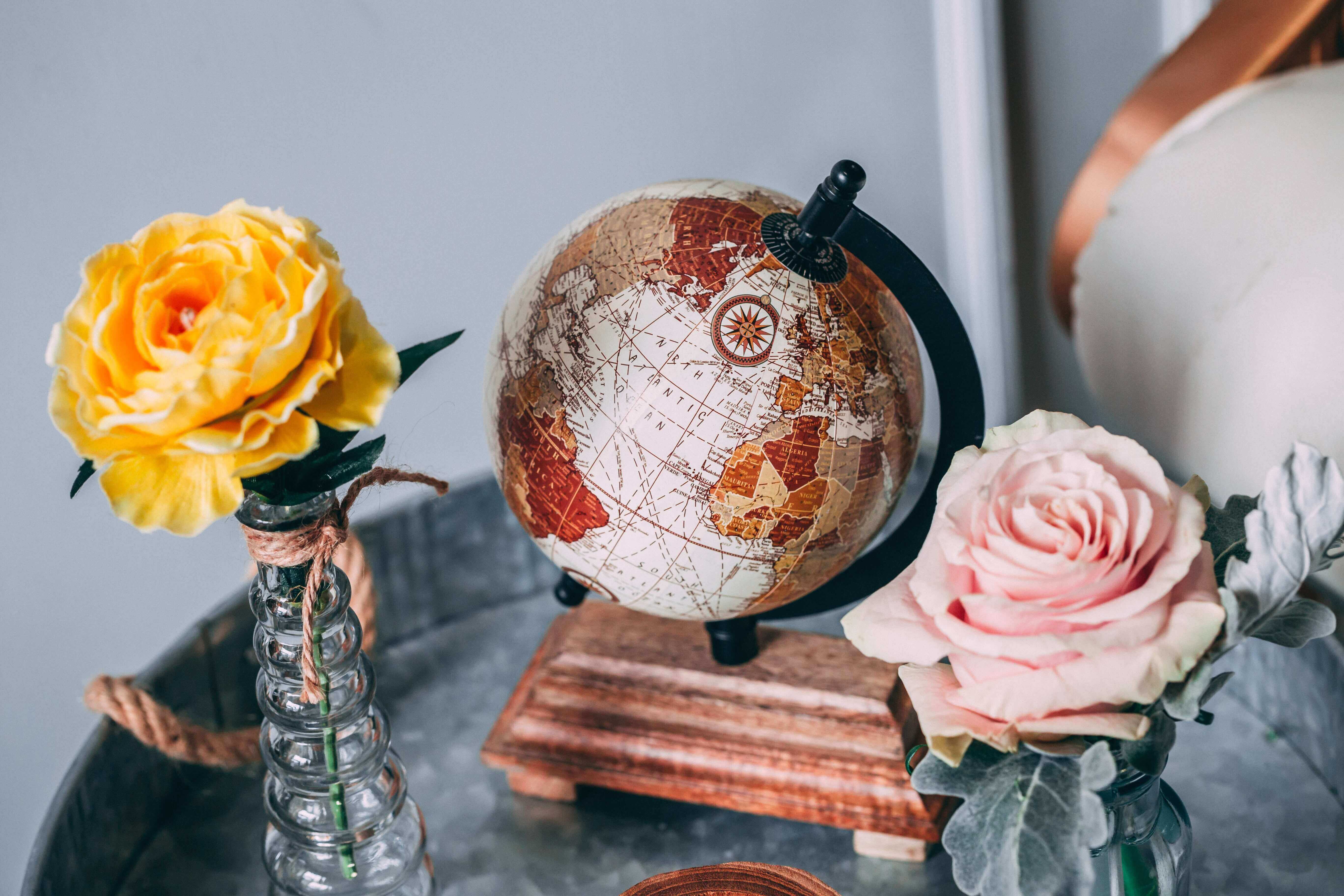 A photograph of a table with a yellow rose, a pink rose and a small antique globe